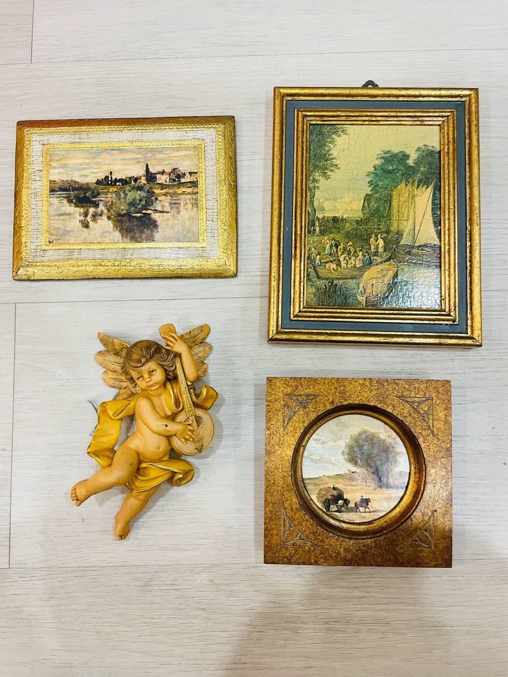 Set of 4 Vintage Gold Framed Wall Art Pieces with Cherub Accent
